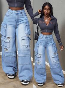 SHEIN Slayr 女式多口袋做旧宽腿宽松牛仔裤 - 藍色 - 查看 3