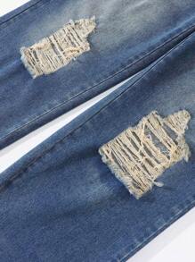 SHEIN Explorewe Teen Girls Street Style Sporty Fashion Loose Comfy Black & White Contrast Oversized Drop Shoulder T-Shirt & High Waist Vintage Distressed Wide Leg Jeans 2pcs Outfit Set, School, Campus, College Summer Holiday - Black - View 6