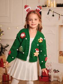 Young Girl And Young Girl Christmas Cardigans, Green, Decorative Snowball & Lantern Sleeves, High Quality, Casual, Elegant, Warm, Suitable For Christmas, Holiday, Family Gathering, New 2024 Knit Sweater, Autumn Winter - Green - View 3