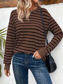 SHEIN LUNE Áo thun nữ tay dài cổ tròn kẻ sọc, kiểu dáng thường ngày, thích hợp cho mùa xuân thu. - Cà phê nâu - Xem 6