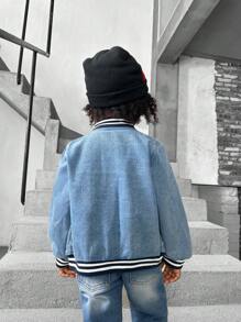 1 set Chaqueta de béisbol casual de mezclilla para niños, diseño bordado, uso diario