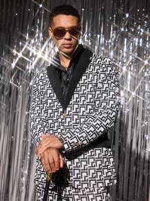 Manfinity VCAY 2pcs Men's Knitted Fashion Casual Digital Print Fitted Long Sleeve Jacket And Straight Waist Pants Set