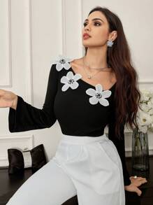 Modelyn Women's Asymmetrical Collar Long Sleeve Elegant T-Shirt With 3D Floral Decor, Spring Autumn Graphic Tees Women Tops For Spring Outfit
