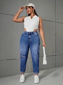 SHEIN ICON 大码女式宽松破洞做旧锥形休闲牛仔裤 - 深色水洗藍 - 查看 5
