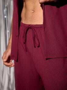 Manfinity VCAY Men's Knitted Fashion Daily Young Casual Gorgeous Loose Ribbed Short-Sleeved Shirt Elastic Waist Trousers Set Two-Piece Set Men Shirt Co-Ords - Green - View 3