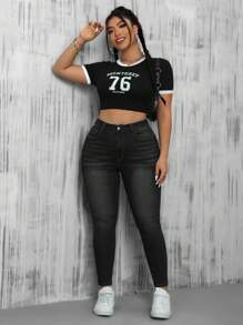 SHEIN ICON Quần Jeans Skinny Túi Lớn Dành Cho Nữ Thường Ngày Phù Hợp Với Mọi Phong Cách - màu đen - Xem 5