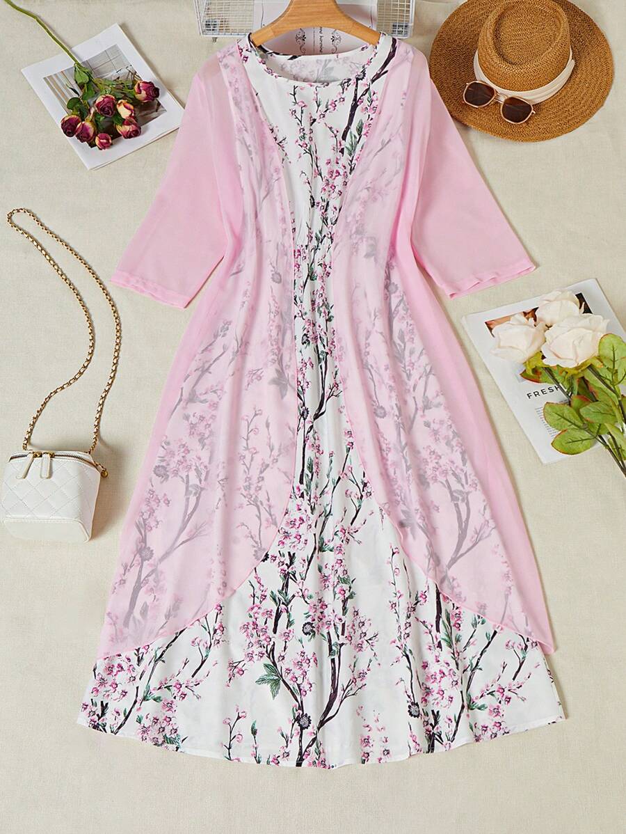 EMERY ROSE 2pcs Floral Print Sleeveless Dress And Solid See-Through Jacket Elegant Set - Multicolor - View 1
