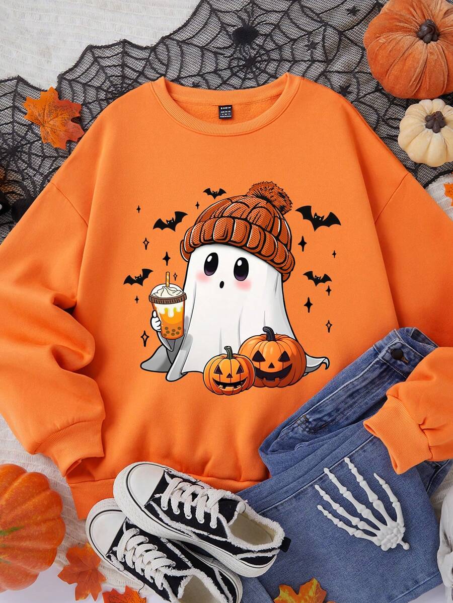 SHEIN Essnce Halloween Casual Simple Ghost Print Pattern Round Neck Long Sleeve Loose Thick Fall Sweatshirt, Autumn And Winter - Orange - View 1