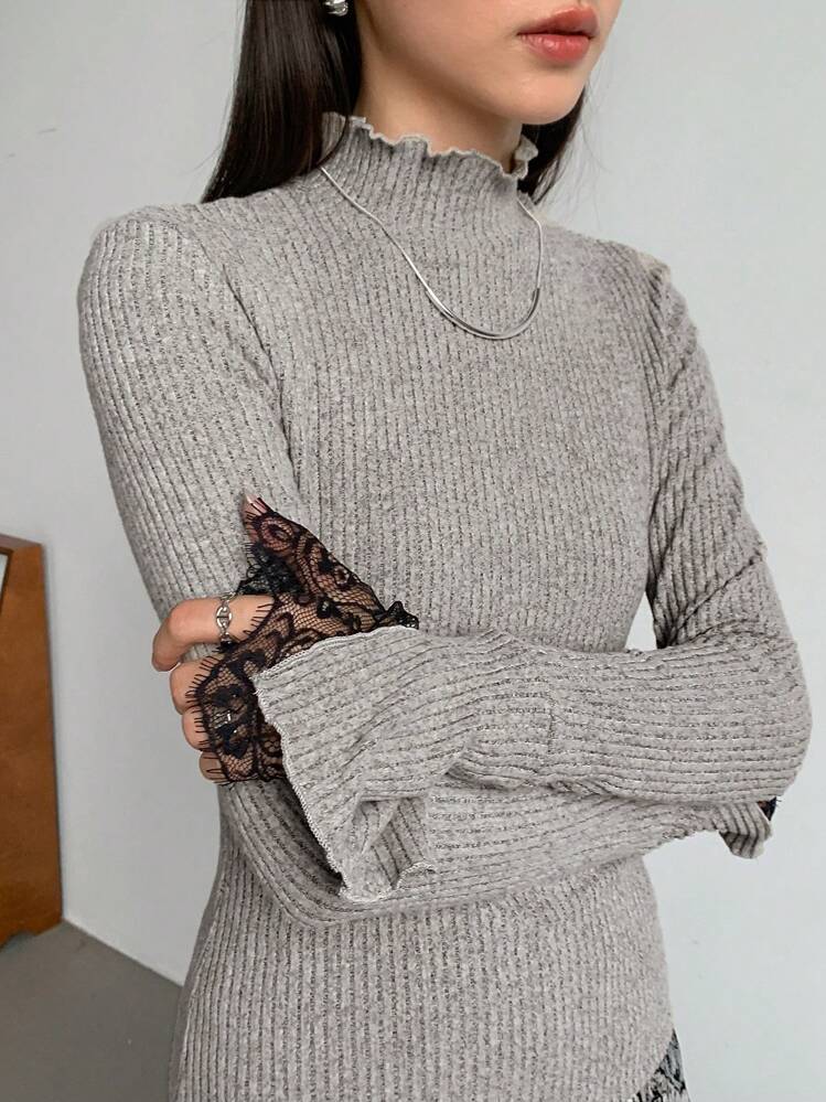 FRIFUL Women's Stand Collar Long Sleeve Contrast Lace T-Shirt For Spring & Fall Turtleneck Women Thermal Lined - Apricot - View 6