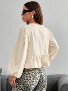 SHEIN EZwear Spring/Summer New Chiffon Women Petal Sleeve Bow Tie Casual Vacation Shirt Tie Front Blouse Lantern Sleeve Blouse Cream Blouse Ruffle Blouse Tie Up Shirt - Apricot - View 2