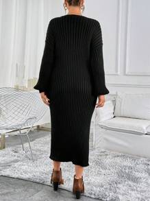 SHEIN Clasi Plus Size Lantern Sleeve Long Ribbed Sweater Dress - Black - View 2