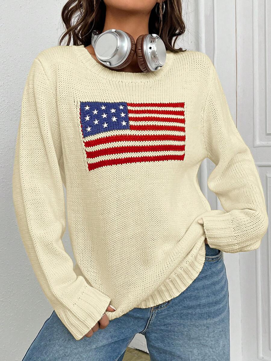 SHEIN EZwear 宽松休闲秋季美国国旗图案毛衣 - 杏色 - 查看 1