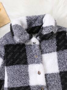 女婴格子纽扣羊毛夹克，秋冬 - 黑與白 - 查看 3