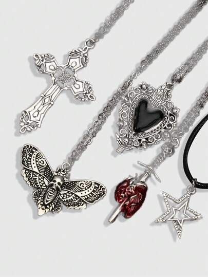 5pcs Gothic Style Cross, Butterfly, Heart Pendant Necklace Set Valentines,Mom,Mother,Mother's Day,Gift