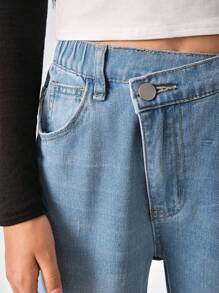 Girls Basic Casual Heavy Washed Asymmetrical Waist Multi-Pocket Loose Denim Jeans - Medium Wash - View 5