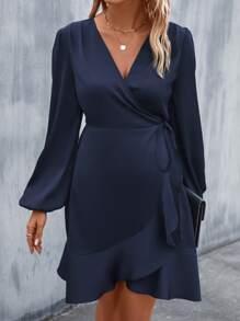 EMERY ROSE Einfarbiges Damen Outfit mit V-Ausschnitt, Kreuzwickel-Bindung und Langarm aus Satin - marineblau - Übersicht 4