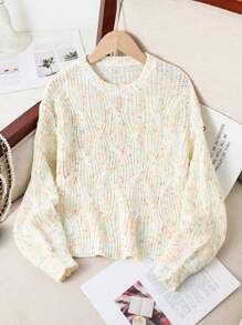 SHEIN Áo len dệt kim cổ tròn dáng rộng thường ngày cho bé gái tuổi mới lớn, mùa thu/đông - Màu be - Xem 1