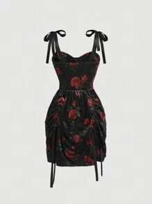 SHEIN MOD Women Elegant Red Floral Velvet Black Midi Dress With Bow Tie And Drawstring,Fall/Winter,Homecoming,Going Out,Wedding - Multicolor - View 5