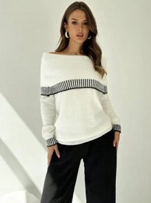 SHEIN Privé Áo len ấm áp hở vai màu tương phản cho nữ, rộng rãi, thanh lịch cho mùa thu đông - trắng - Xem 7