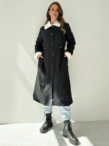 SHEIN Privé Women Mid-Length Waist Drawstring Ruched Pocket Casual  Jacket - Black - View 8