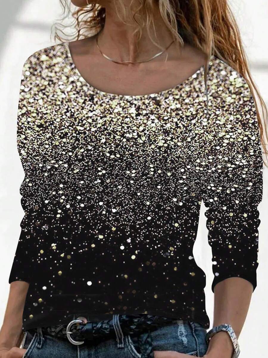 Áo thun tay dài in họa tiết sequin ombre, thời trang thường ngày cho nữ, thích hợp cho tiệc năm mới - Nhiều màu - Xem 1