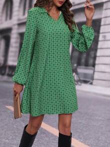 SHEIN LUNE Women's Geometric Print Lantern Sleeve Casual Loose Straight Dress, Spring/Summer