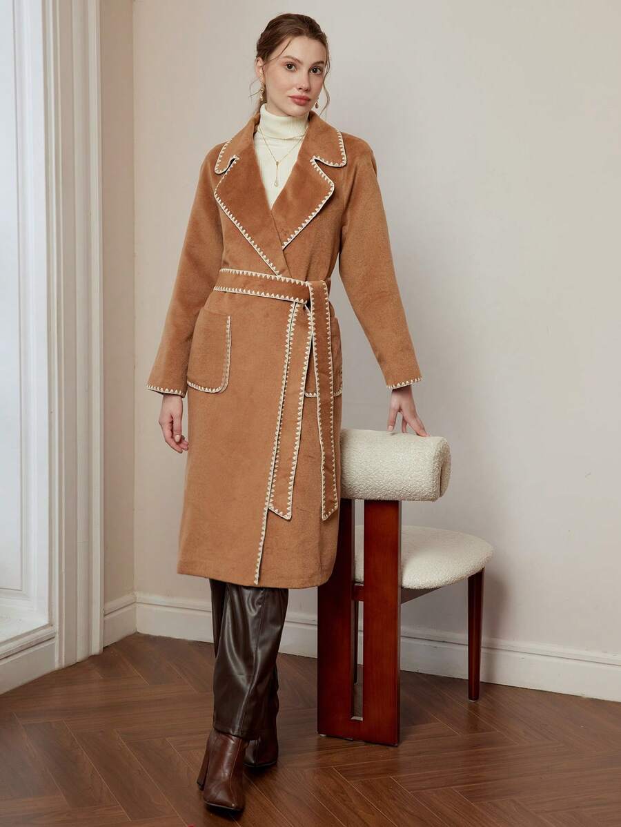 MOTF PREMIUM ÁO KHOÁC CỔ VẢI TƯƠNG PHẢN CÓ VẢI TÚI CÓ THẮT LƯNG