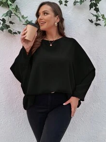SHEIN LUNE Plus Size Women Batwing Sleeve Solid Color Crew Neck Blouse - Black - View 4