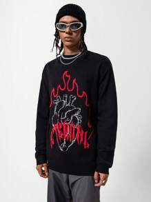 SHEIN Teen Boys' Flame Pattern Knit Sweater With Crew Neck Design