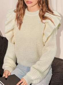 Women's Solid Color Round Neck Long Sleeve Ruffle Patchwork Loose Casual Sweater, Autumn/Winter - Beige - View 3