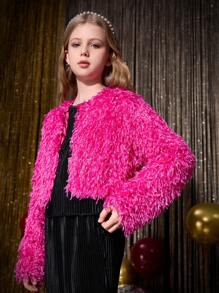 SHEIN Tween Girl Elegant  Party Short Fluffy Cardigan