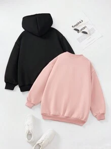 Tween Girls 2 件套加厚羊毛连帽衫和圆领套头衫，多种款式，温暖休闲，适合秋冬季