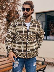 Manfinity Homme Heren Geometrisch Print Lange Mouw Rits Voorkant Casual Jas Voor Herfst/Winter, Herenjas, Herfst En Winter Herenkleding, Heren Khaki Jas, Pluche Fleece Voor Warmte, Winter Herenjas, Vriendje Cadeau, Koraal Fleece