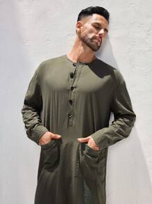 Manfinity Homme 男士长袖半开前口袋棉质长袍，舒适 - 綠色 - 查看 3