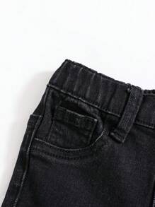 SHEIN 男婴时尚褶皱设计黑色牛仔裤，休闲百搭，适合男婴秋季服装 - 黑色 - 查看 5