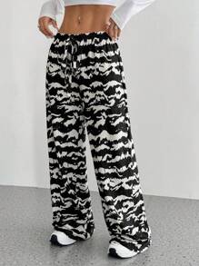 SHEIN Unity Women's Zebra Stripe Casual Lace Up Low Waist Pants Fall Cloth For Women - Multicolor - View 4