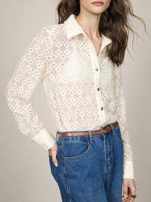 BizChic Women's Business Commuter Lace Sheer Blouse, Elegant Outfit For Christmas, New Year Party, Autumn/Winter