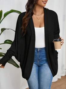 SHEIN Frenchy Plus Size Casual Loose Ribbed Velvet Knit Cardigan Sweater,Fall Women Clothes Winter Autumn - Black - View 5