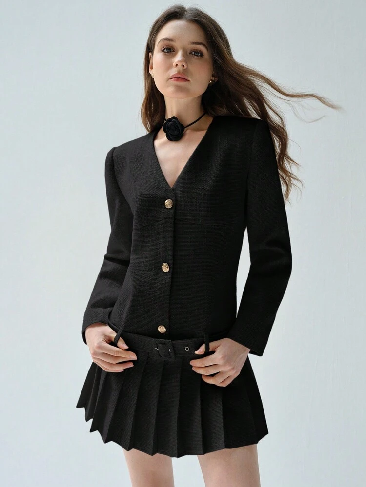 Women's Solid Color V-Neck Single-Breasted Pleated Hem Long Sleeve Elegant Short Dress