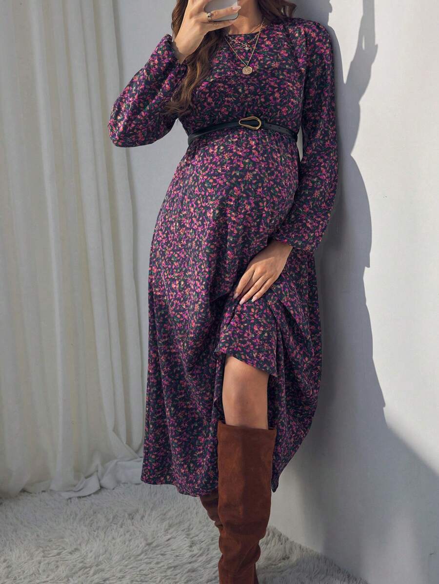 SHEIN Maternity Floral Print Crew Neck Long Sleeve Dress - Multicolor - View 1