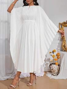 SHEIN Lady Robe longue pour femme élégante pour concert, de couleur unie, avec manches chauve-souris plissées. Tenue de vacances pour femme en automne - Blanc - Voir 7