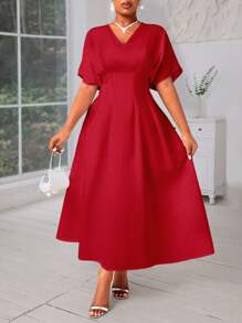 SHEIN Lady 大码红色褶皱腰 A 字型中长优雅连衣裙女士连衣裙秋季女士服装外出服装夏季连衣裙