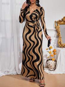 SHEIN Lady Vêtements d'automne Robes élégantes pour femmes Tenues d'automne pour femmes Robe longue pour femmes Col en V Ceinture à la taille Robes élégantes à manches longues rayées