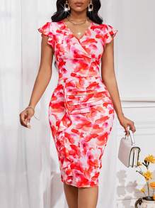 SHEIN Lady Robe débardeur en maille à volants/à plusieurs niveaux rose rouge et blanc élégante et décontractée pour l'automne et l'hiver