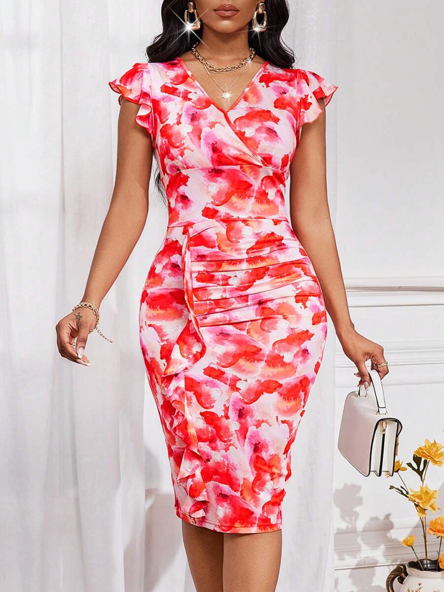 SHEIN Lady Robe débardeur en maille à volants/à plusieurs niveaux rose rouge et blanc élégante et décontractée pour l'automne et l'hiver