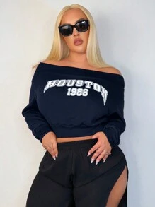 SHEIN SXY 大码冬春露肩字母印花女式短款运动衫 - 寶藍色 - 查看 3