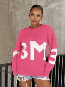SHEIN SXY Casual Oversized Loose Knitted Sweater With Numeric Pattern, Autumn & Winter - Pink - View 5