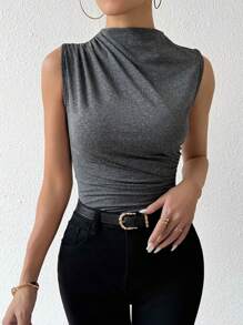 VaVaBold Women's Summer Solid Stand Collar Pleated Casual Camisole