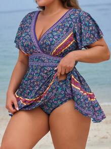 Swim Lushoire Plus Size Short Sleeve V-Neck Printed 2pcs Swimwear Set
