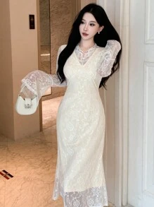 DAZY V-Neck Lace Midi Dress For Women,Ruffle,Fall Clothes Long Sleeve Dress - White - View 6